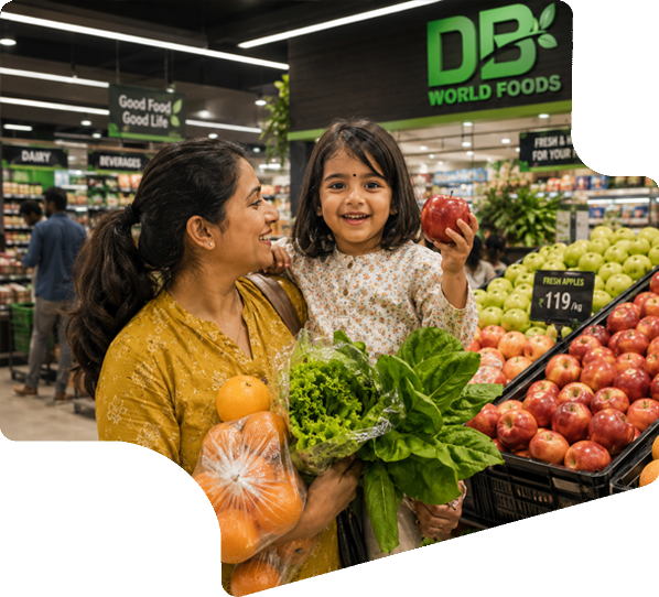 DB World Foods store interior and staff